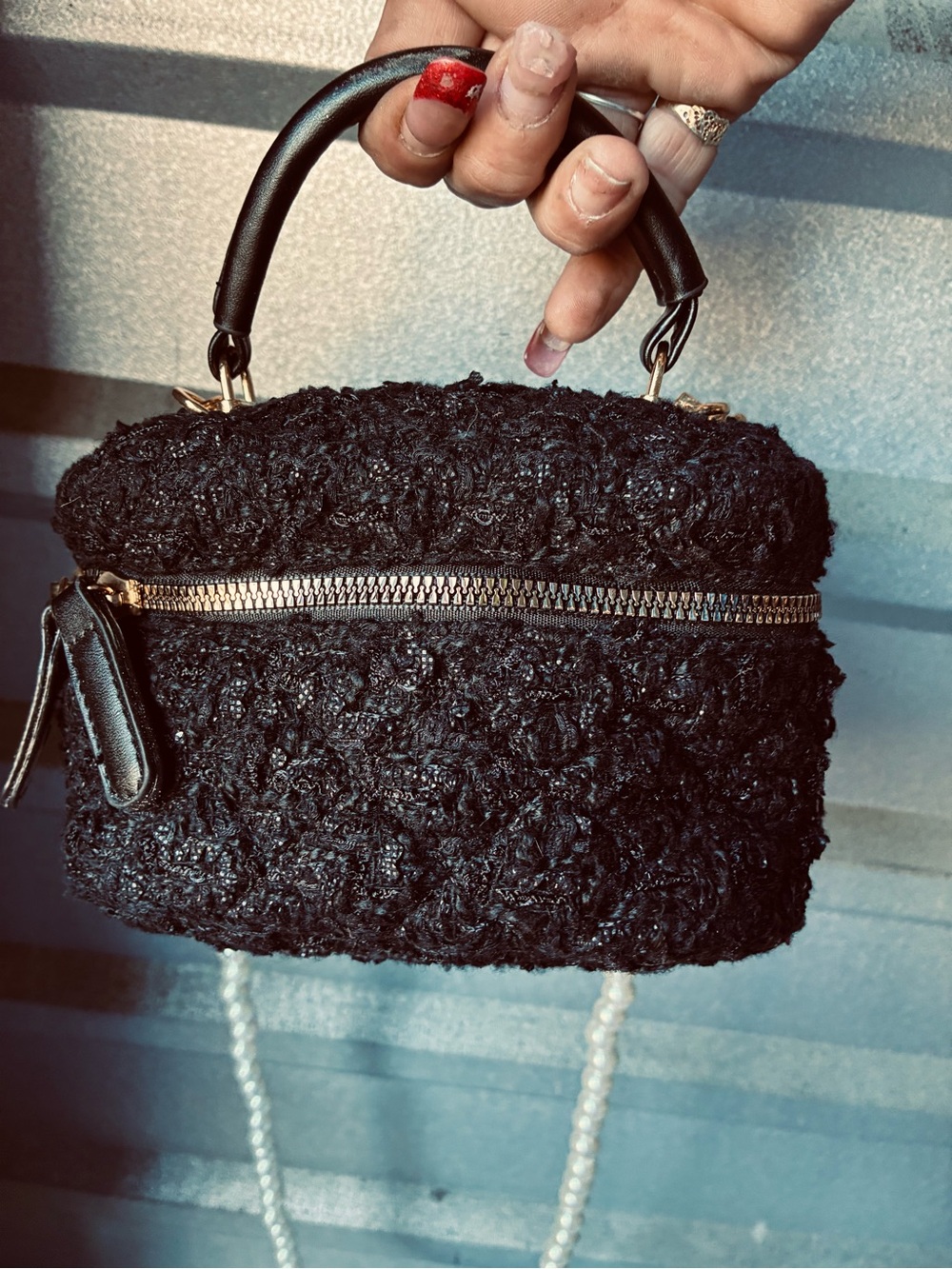 Black Textured Top-Handle Women's Bag